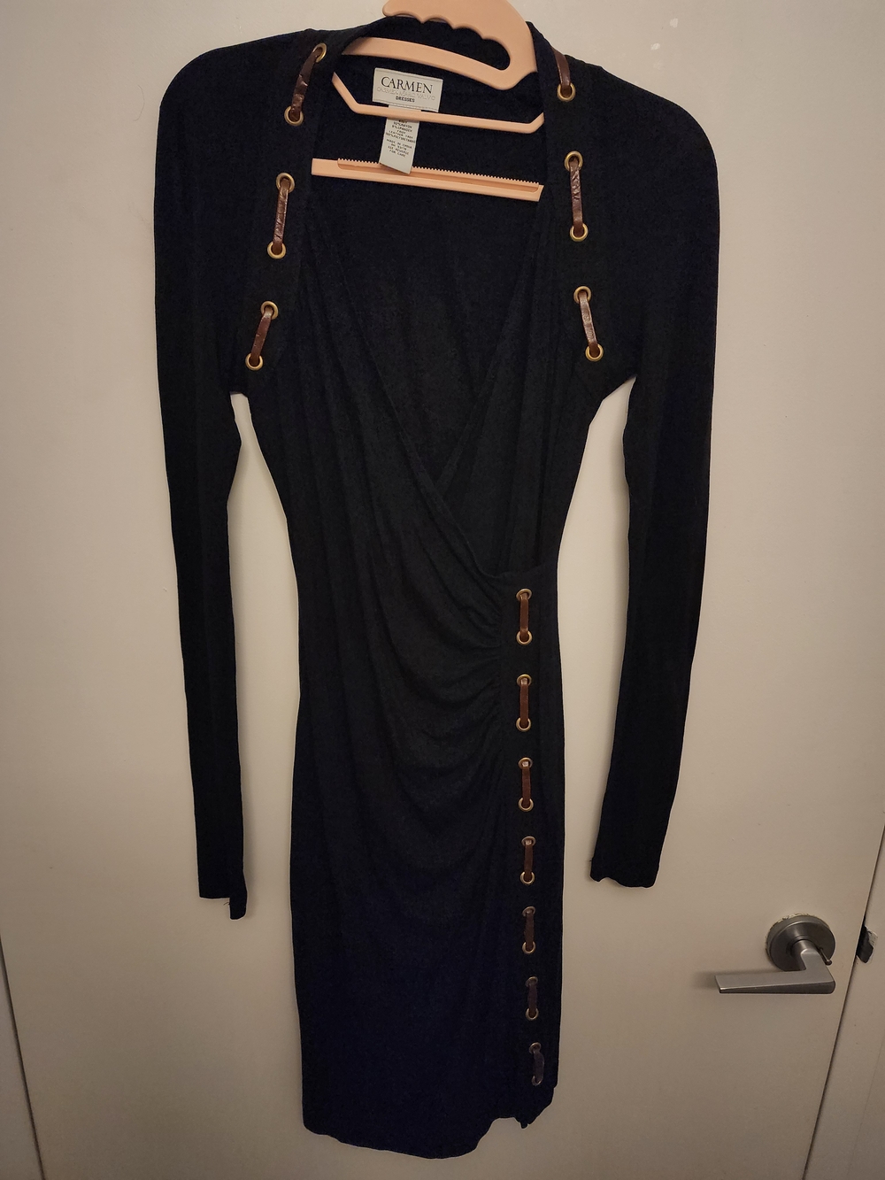 Carmen Marc Valvo Black Long-Sleeve Grommet-Trim Wrap Dress